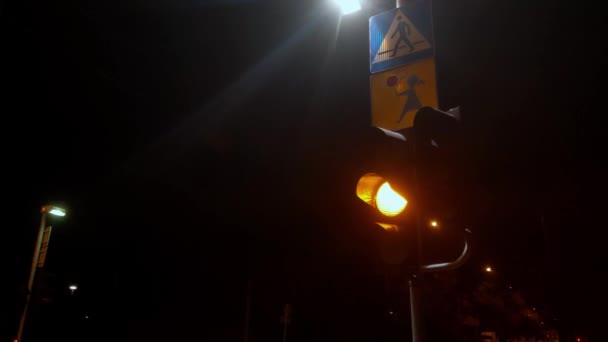 Попереджувальний Знак Світлофора Пішохідному Переході Вночі Безпека Доріг — стокове відео