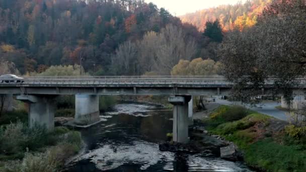 Samochody Przejeżdżają Przez Most Pod Mostem Rzeka Płynie Jesienią Ziarno — Wideo stockowe