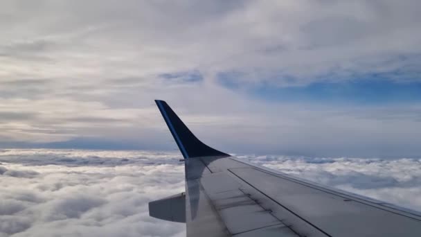 Blick aus dem Fenster eines Flugzeugs, das hoch in den Wolken fliegt. — Stockvideo