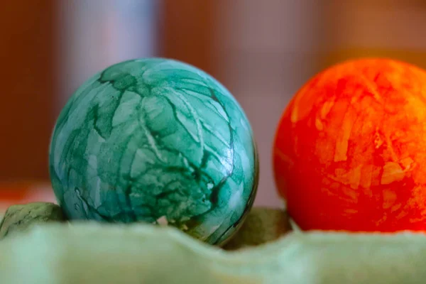Huevos Coloridos Envases Cartón Preparación Para Pascua — Foto de Stock