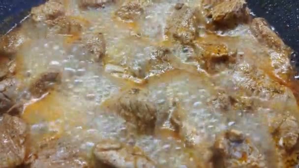 Stukken Vlees Worden Gebakken Een Koekenpan Zelfgemaakt Voedsel — Stockvideo