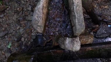 Soğuk, berrak su, ahşap bir oluktan akar, bir su kaynağı.