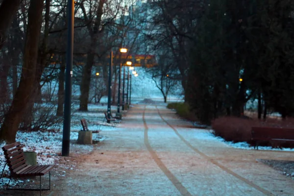 Aus Dem Fokus Geraten Fußspuren Aus Dem Park Winter — Stockfoto
