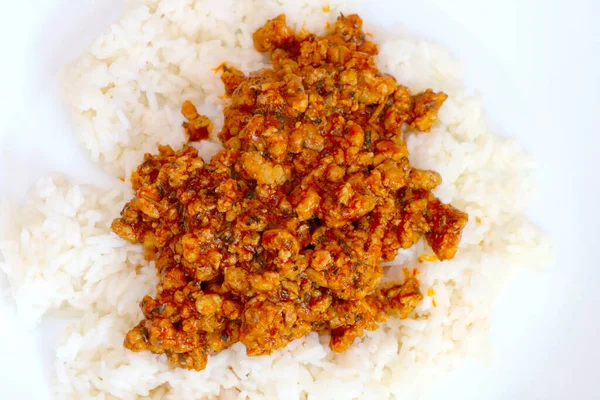 White Plate Rice Cooked Minced Meat — Stock Photo, Image