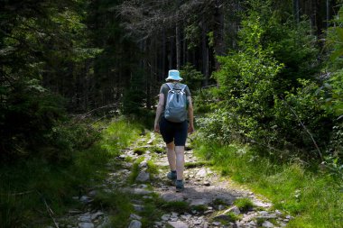 Kız patikada dağlarda yürüyor. Etkin yeniden yaratma