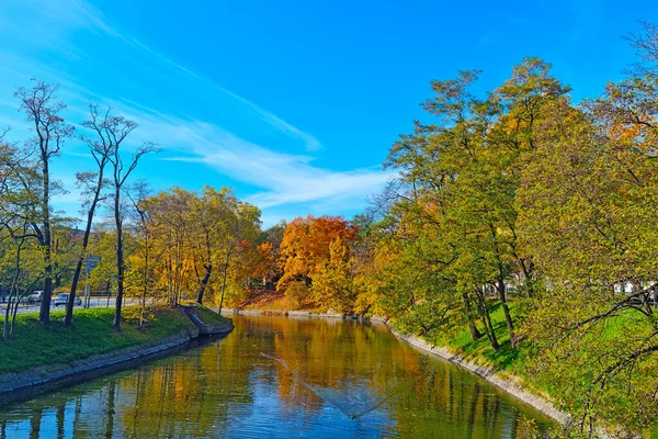 Small River Flows City Backdrop Yellow Red Green Trees Autumn — 스톡 사진