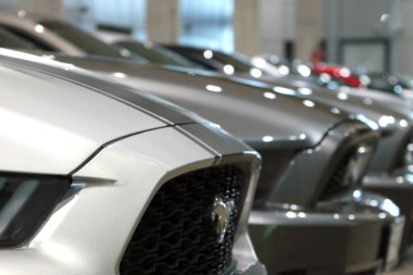 Wroclaw, Poland, August 22, 2022: Row of powerful Ford Mustang cars
