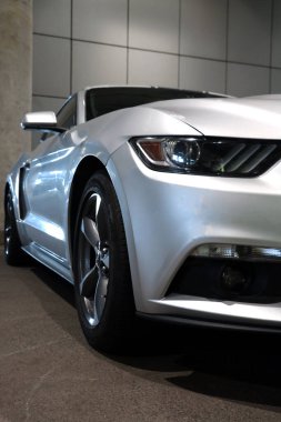 Wroclaw, Poland, August 22, 2021: front view of a powerful and modern Ford Mustang. Modern technologies