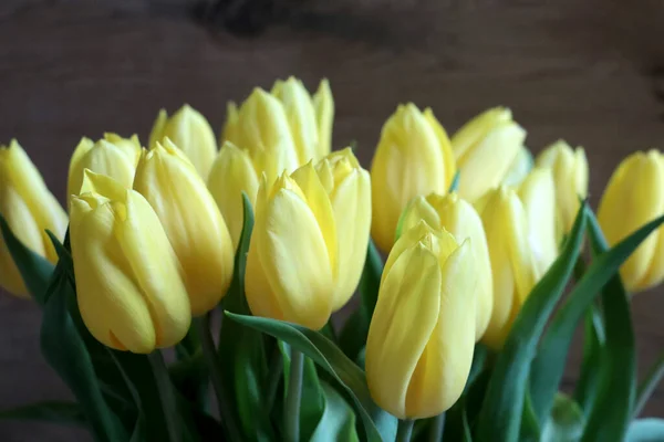 Beautiful Bouquet Yellow Tulips Congratulations Your Holiday Birthday — Zdjęcie stockowe