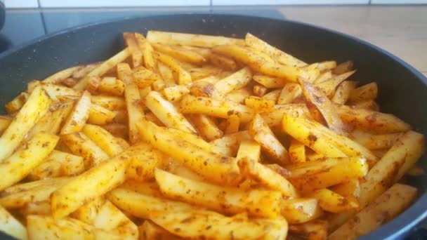 Close Fried Potatoes Frying Pan Delicious Homemade Food — Video Stock