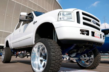 Wroclaw, Poland, August 23, 2021: Bottom view of a large Ford pickup truck