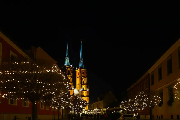 Wroclaw Polen December 2021 Verlichte Kathedraal Van Wroclaw Avond — Stockfoto