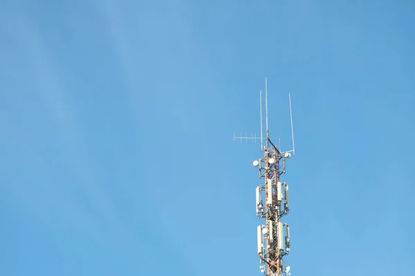 Telecommunication equipment against the blue sky. Modern technologies, 5g, communication
