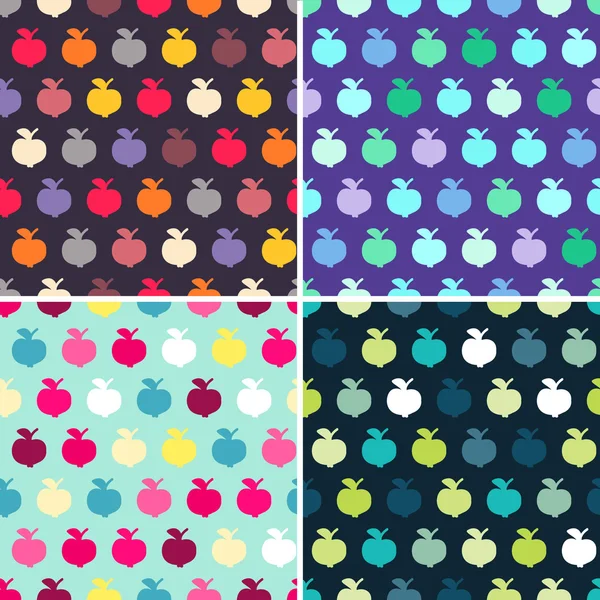 Set of 4 seamless patterns with colorful cartoon apples — Stock Vector