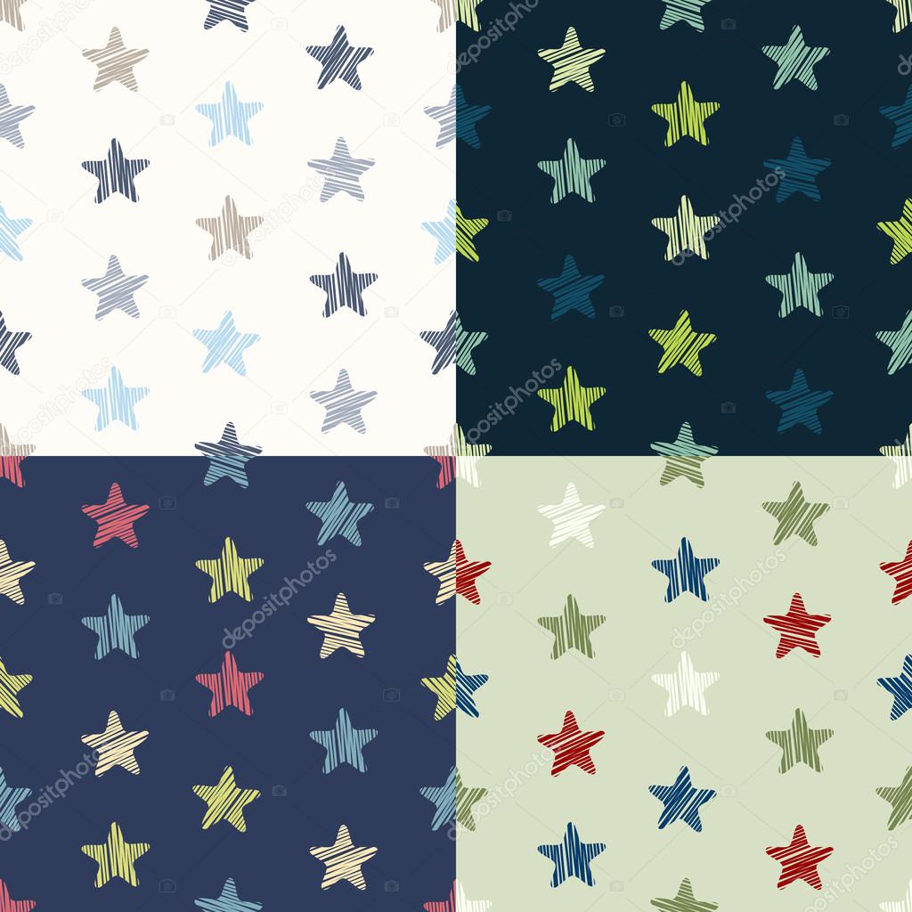 Set of 4 scribble star seamless pattern, vector illustration