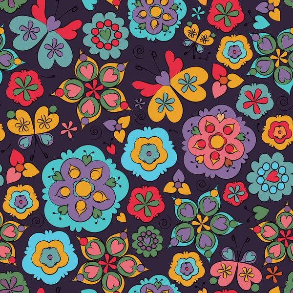 Seamless floral cartoon pattern with butterflies — Stock Vector