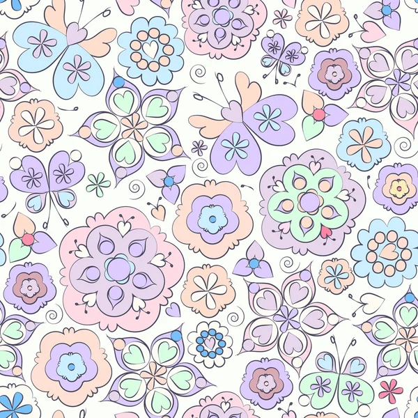 Seamless floral cartoon pattern with butterflies in pale colors — Stock Vector