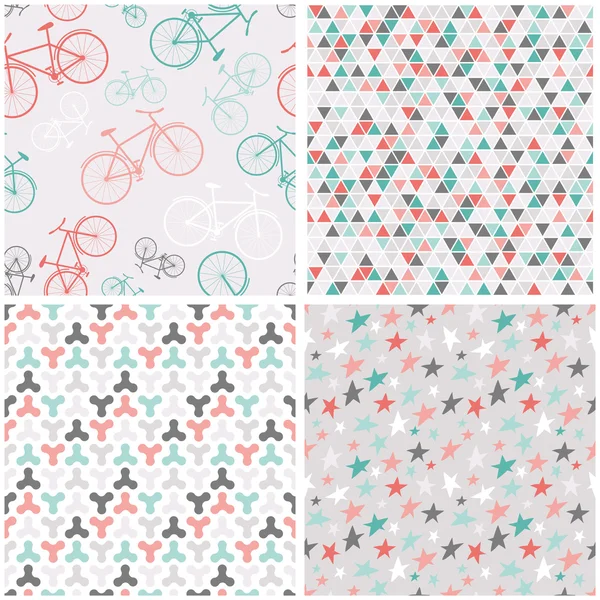 4 seamless patterns in pink, turquoise and grey — Stock Vector