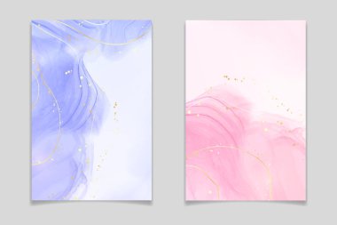 Lavanta ve altın çizgileri ve noktaları olan pembe sıvı suluboya arka plan. Violet ve gül rengi mermer alkol mürekkebi çizim efekti. Düğün daveti, menü veya RSVP için vektör illüstrasyon tasarım şablonu