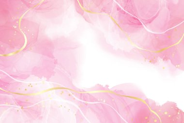 Altın çizgileri olan pembe sıvı suluboya arka plan. Alkollü kırmızı mermer mürekkep çizim efekti. Düğün daveti, menü, RSVP için vektör illüstrasyon tasarım şablonu