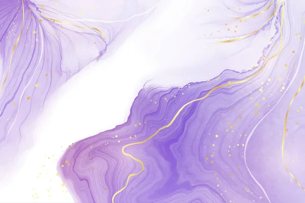 Lila lavendel flytande akvarell bakgrund med gyllene linjer. Pastellviolett marmor alkohol bläck ritning effekt. Vektor illustration design mall för bröllopsinbjudan, meny, rsvp — Stock vektor
