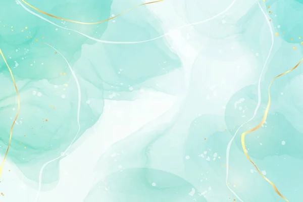 Pastel cyan naneli sıvı mermer mermer, arka planda altın çizgiler ve fırça lekeleri var. Teal turkuaz mermer alkol mürekkebi çizim efekti. Vektör illüstrasyon arkaplanı, suluboya düğün davetiyesi.