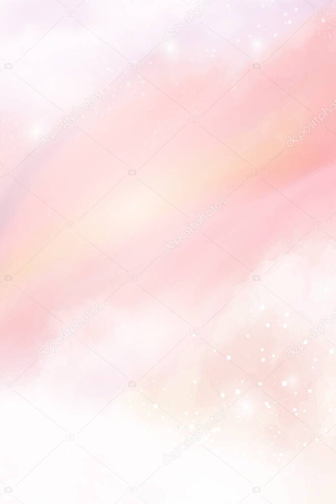 Pink watercolor cotton cloud background. Pastel fantasy sky backdrop template for wedding invitation, greeting card, banner or flyer. Vector illustration of fluffy candy clouds