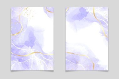 Altın çizgileri olan mor lavantalı suluboya arka plan. Pastel menekşe mermer alkol mürekkebi çizim efekti. Düğün daveti, menü, RSVP için vektör illüstrasyon tasarım şablonu