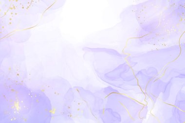 Altın çizgileri olan mor lavantalı suluboya arka plan. Pastel menekşe mermer alkol mürekkebi çizim efekti. Düğün daveti, menü, RSVP için vektör illüstrasyon tasarım şablonu