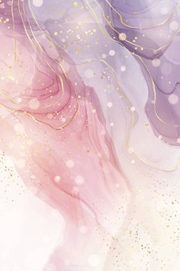 Soyut menekşe, kırmızı ve gri sıvı suluboya arka plan ve altın fırça darbeleri. Altın çizgilerle çizilmiş zarif sıvı mermer alkol mürekkebi. Düğün daveti için vektör illüstrasyonu