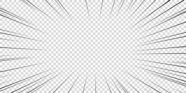 Hız çizgileri, şeffaf arkaplan üzerinde çizgi roman etkisi olarak kullanılıyor. Çizgi film aksiyon geçmişi. Patlama etkisi ya da patlama çerçevesinin vektör çizimi. Flaş ışını patlaması