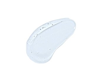 Beyaz arkaplanda sıvı jel izi var. Saf şeffaf aloe losyonu, yüz jölesi serumu, temizleyici, duş jeli ya da şampuan gibi kozmetik lekeler.