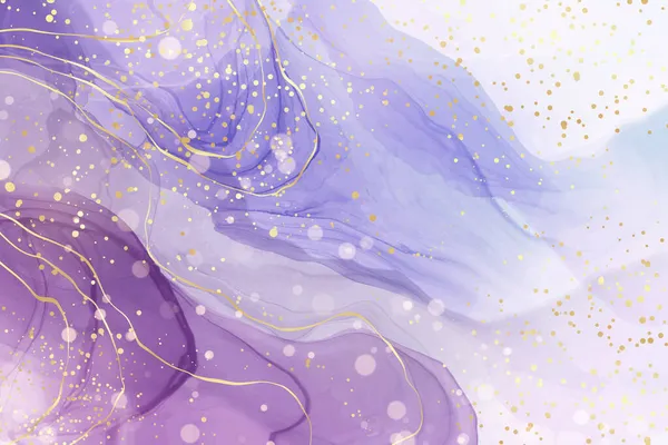 Violett flytande akvarell bakgrund med gyllene fläckar. Lila mauve marmor alkohol bläck ritning effekt. Vektor illustration design mall för bröllop inbjudan, meny, rsvp, affisch — Stock vektor