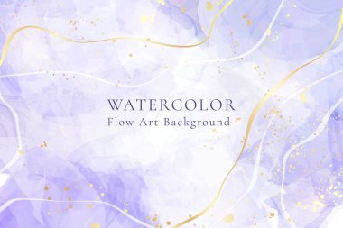 Altın çizgileri olan mor lavantalı suluboya arka plan. Pastel menekşe mermer alkol mürekkebi çizim efekti. Düğün daveti, menü, RSVP için vektör illüstrasyon tasarım şablonu