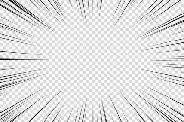 Hız çizgileri, şeffaf arkaplan üzerinde çizgi roman etkisi olarak kullanılıyor. Çizgi film aksiyon geçmişi. Patlama etkisi ya da patlama çerçevesinin vektör çizimi. Flaş ışını patlaması