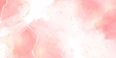 Pastel pembe sıvı suluboya arka plan ve altın çatlaklar. Alkollü kırmızı mermer mürekkep çizim efekti. Düğün daveti, menü, RSVP için vektör illüstrasyon tasarım şablonu