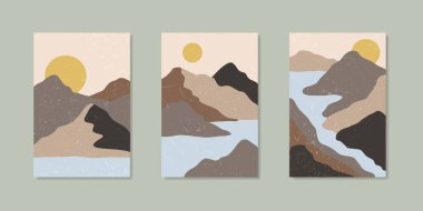 Dağları, nehri, güneşi, dalgaları olan soyut modern boho manzarası. Çağdaş minimalist baskı şablonu. Japon ya da Çin tarzında tepeler ve göllerle geometrik görüntünün vektör çizimi