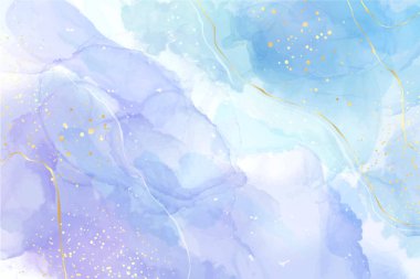 Altın lekeli mor cyan mavisi suluboya arka plan. Teal leylak rengi mermer alkol mürekkebi çizim efekti. Düğün daveti, menü, RSVP için vektör illüstrasyon tasarım şablonu