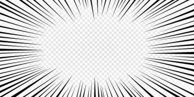 Hız çizgileri, şeffaf arkaplan üzerinde çizgi roman etkisi olarak kullanılıyor. Çizgi film aksiyon geçmişi. Patlama etkisi ya da patlama çerçevesinin vektör çizimi. Flaş ışını patlaması