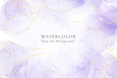Altın çizgileri olan mor lavantalı suluboya arka plan. Pastel menekşe mermer alkol mürekkebi çizim efekti. Düğün daveti, menü, RSVP için vektör illüstrasyon tasarım şablonu