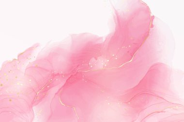 Altın noktalı pembe sıvı suluboya arka plan. Tozlu kırmızı mermer alkol mürekkebi çizim efekti. Düğün daveti, menü, RSVP için vektör illüstrasyon tasarım şablonu