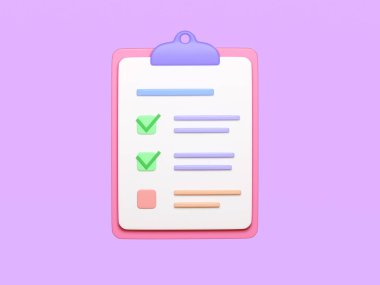 Pano kağıdındaki kontrol listesi, 3 boyutlu resimleme. İşaretli görevleri olan bir defter. Çevrimiçi araştırma kavramı, sınav notu, iş sözleşmesi, araştırma formu, değerlendirme belgesi, anket