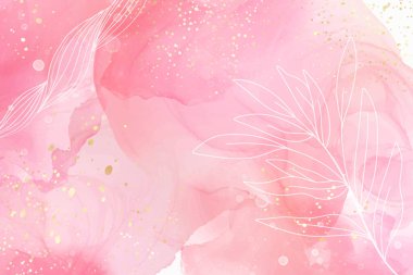 Çiçek elementli pembe sıvı suluboya arkaplan. Tozlu kırmızı mermer alkol mürekkebi çizim efekti. Düğün daveti, menü, RSVP için vektör illüstrasyon tasarım şablonu