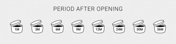 Period after open icons isolated on transparent background. PAO symbols. Round box with cap opened. Expiration period in months signs for cosmetic packaging. Vector illustration