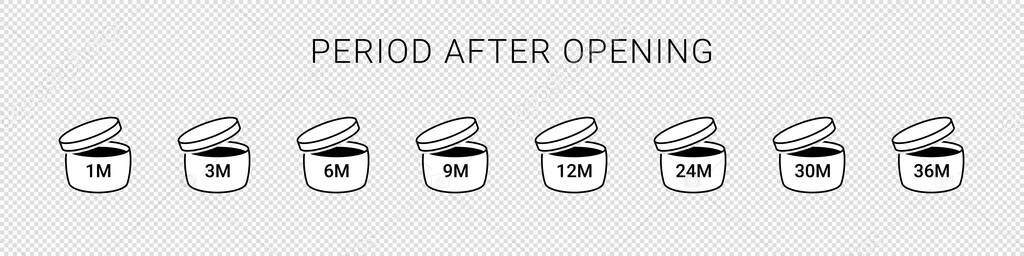 Period after open icons isolated on transparent background. PAO symbols. Round box with cap opened. Expiration period in months signs for cosmetic packaging. Vector illustration.