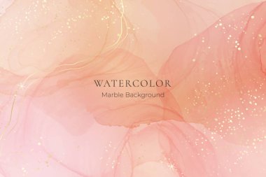 Altın noktalı pembe sıvı suluboya arka plan. Tozlu kırmızı mermer alkol mürekkebi çizim efekti. Düğün daveti, menü, RSVP için vektör illüstrasyon tasarım şablonu