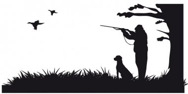 Orman - siyah-beyaz siluet köpek av hayvanları ile avcı