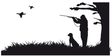 Hunter with dog hunting animals in the forest - black and white silhouette clipart