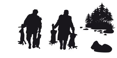 Hunter with dog hunting animals in the forest - black and white silhouette vector