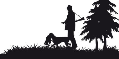 Hunter with dog hunting animals in the forest - black and white silhouette clipart